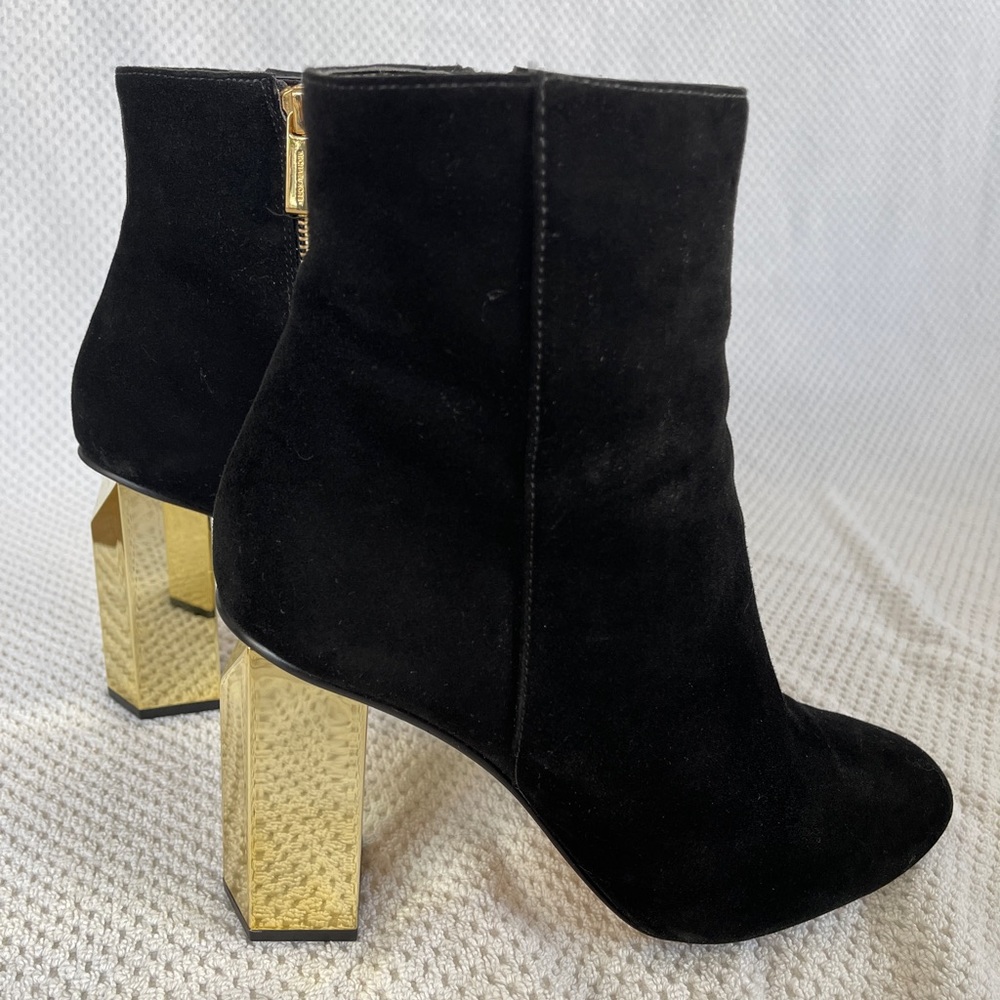Micheal Kors Petra Black Suede Booties with Gold Heels